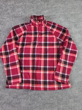 Eddie Bauer Fleece Pullover Womens XL Quarter Zip Outdoor Flannel Plaid Red